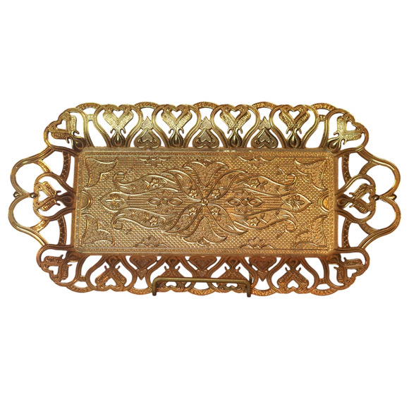 Unbranded Other - Gold Turkish Tea Serving Tray Ornate Metal Filigree Handles Small 13” Decorative